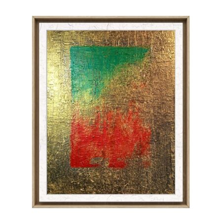 Abstract mixed media painting Eclat et énergie, with gold texture, green and red, Brigitte Verstuyft
