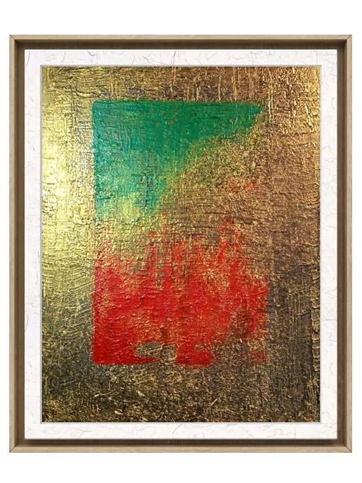 Abstract mixed media painting Eclat et énergie, with gold texture, green and red, Brigitte Verstuyft