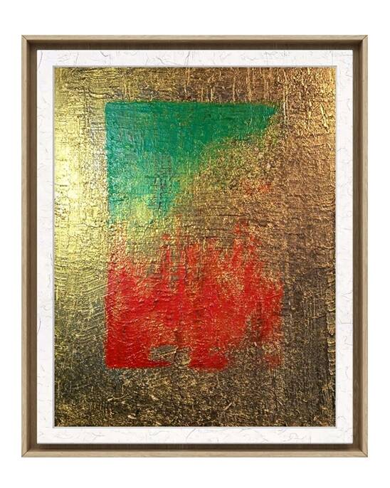 Abstract mixed media painting Eclat et énergie, with gold texture, green and red, Brigitte Verstuyft