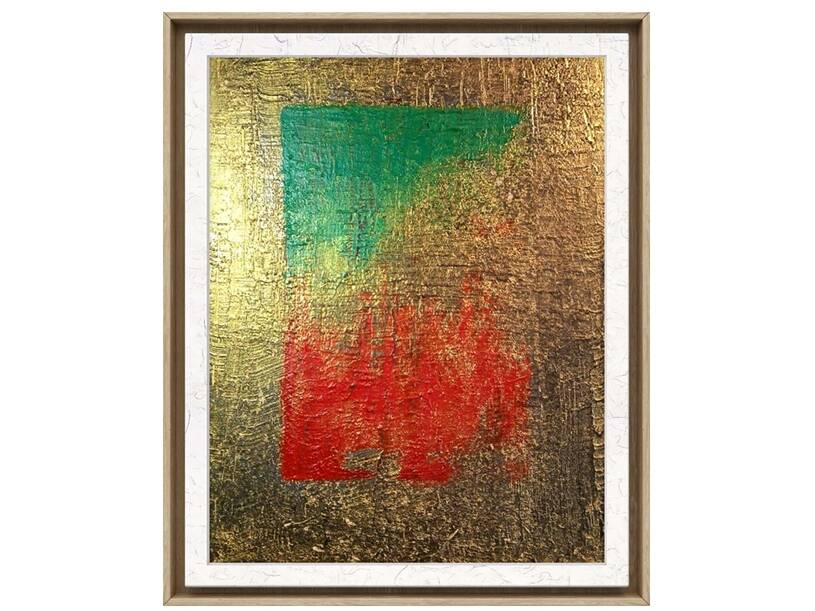Abstract mixed media painting Eclat et énergie, with gold texture, green and red, Brigitte Verstuyft