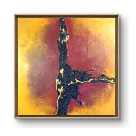 Eruption solaire mixed media painting with textured surface in warm yellow, red and blue