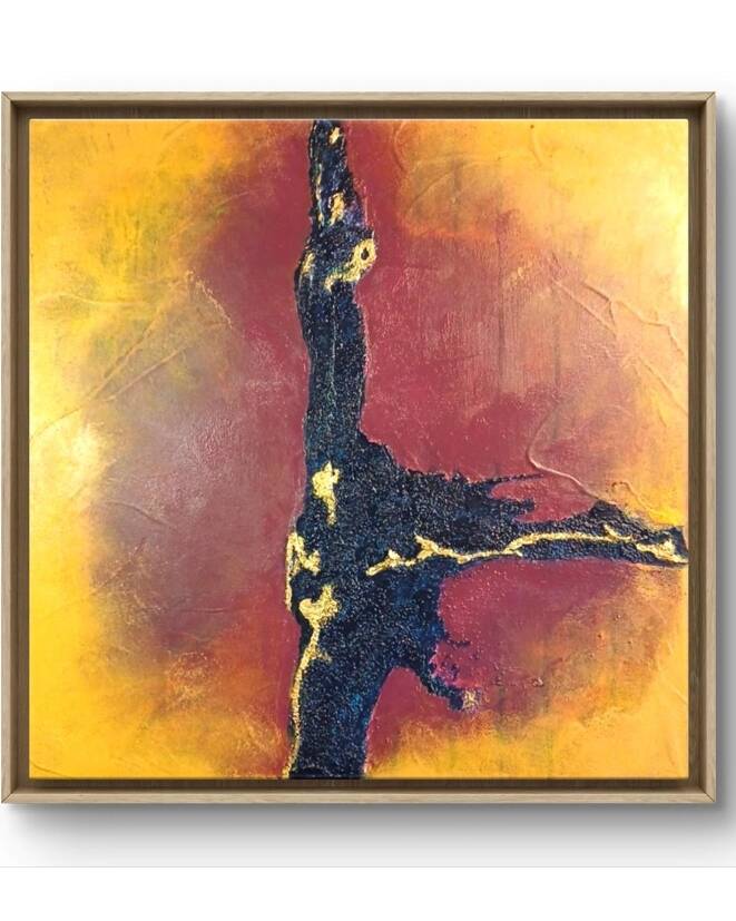 Eruption solaire mixed media painting with textured surface in warm yellow, red and blue
