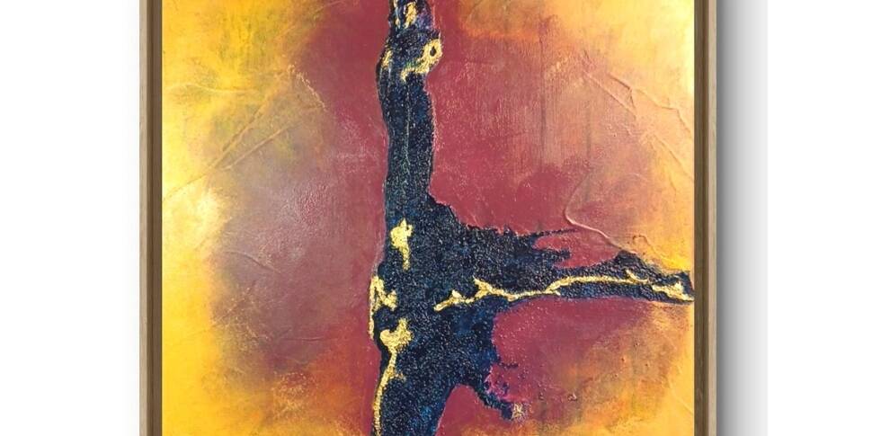 Eruption solaire mixed media painting with textured surface in warm yellow, red and blue