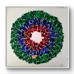 Invitation au voyage - collage made of cardboard boxes in circular composition by Brigitte Verstuyft