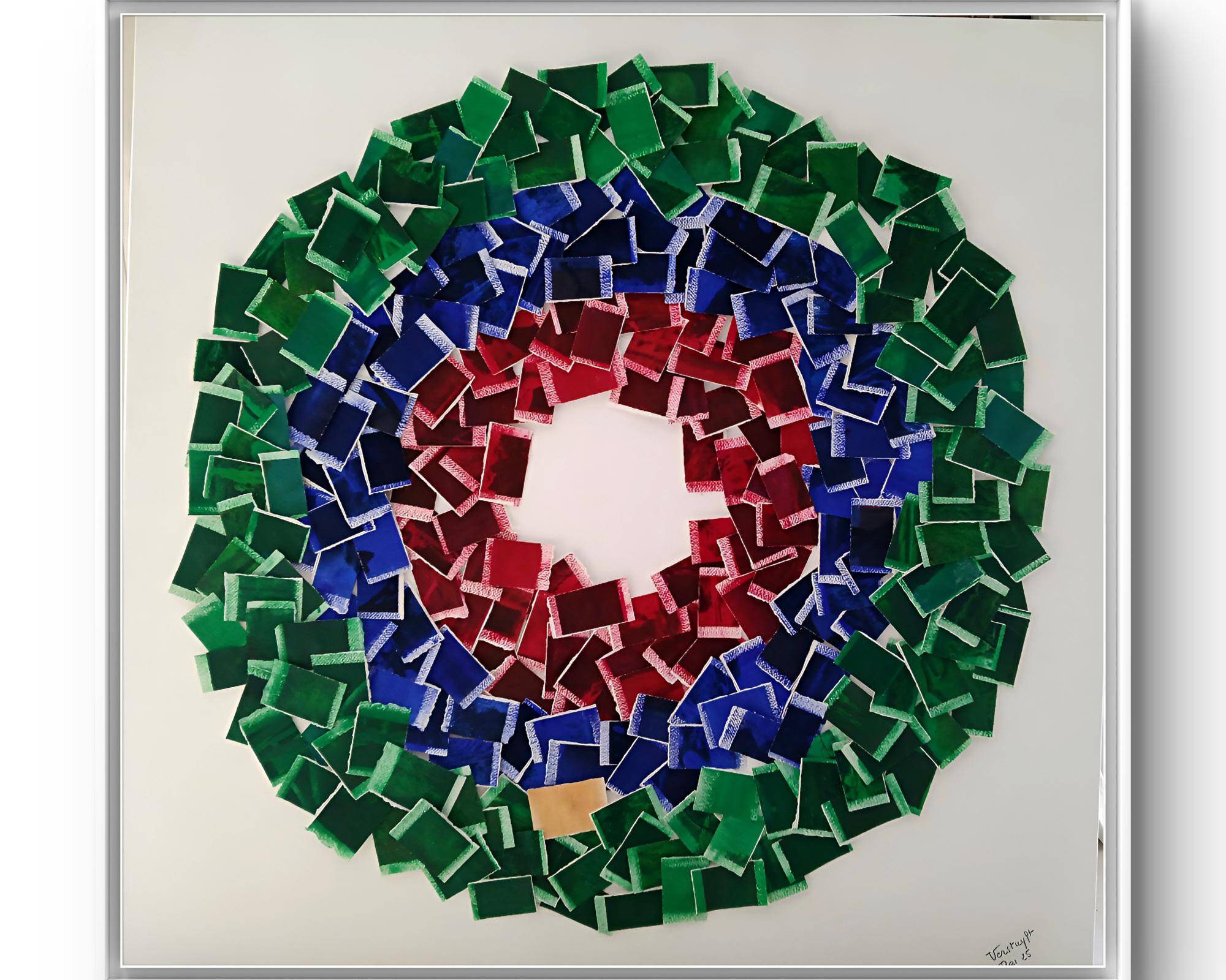 Invitation au voyage - collage made of cardboard boxes in circular composition by Brigitte Verstuyft